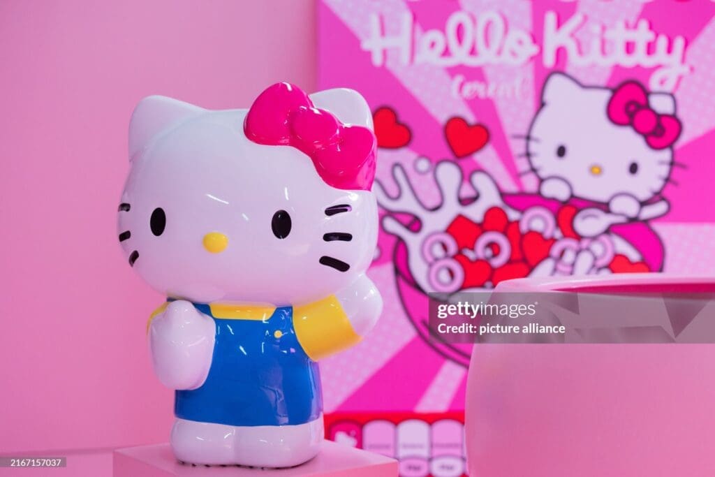 What to Buy in Osaka Must Have Souvenirs and Hidden Gems 12 PRODUCTION - 22 August 2024, North Rhine-Westphalia, Cologne: Items with the logo are on display at a celebration of Hello Kitty's 50th birthday at the Supercandy Pop-Up Museum. Japanese designer Yuko Shimizu invents Hello Kitty, full name: Kitty White. It is a fictional character in stylized cat form. She becomes a cult figure. Photo: Rolf Vennenbernd/dpa (Photo by Rolf Vennenbernd/picture alliance via Getty Images)