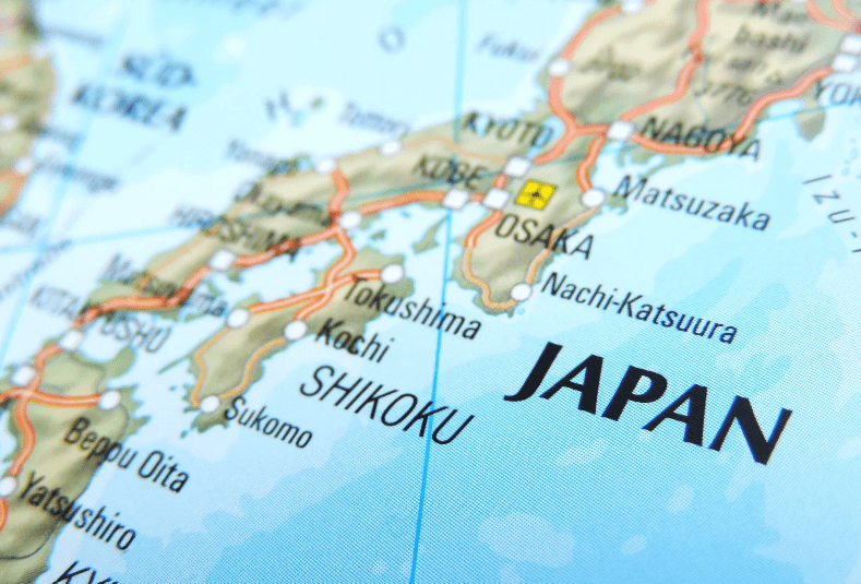 japan travel app, Map of Japan showing the Shikoku region with labeled cities and geographical features.