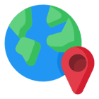Illustration of a globe with green continents and blue oceans, accompanied by a red location pin.